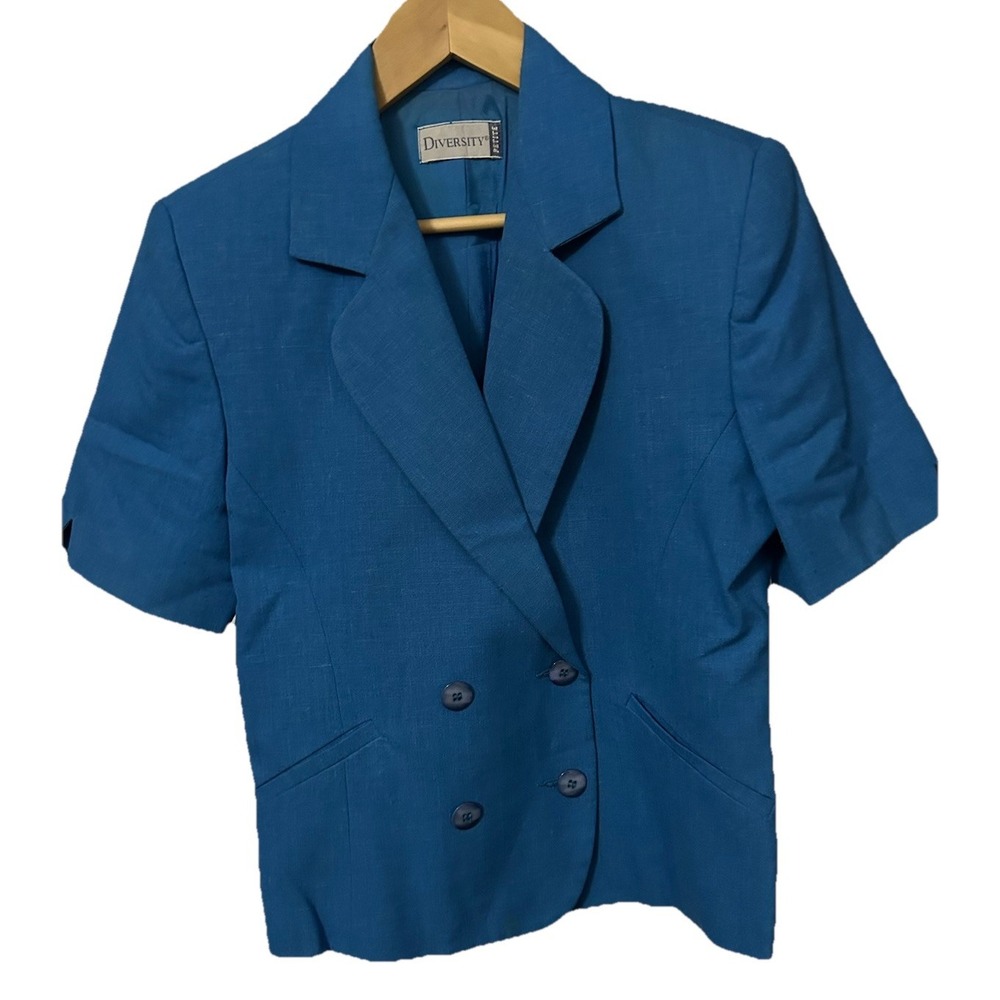 Diversity Petite Vintage Women's Size 8P Blue Linen Blend Short Sleeve Blazer